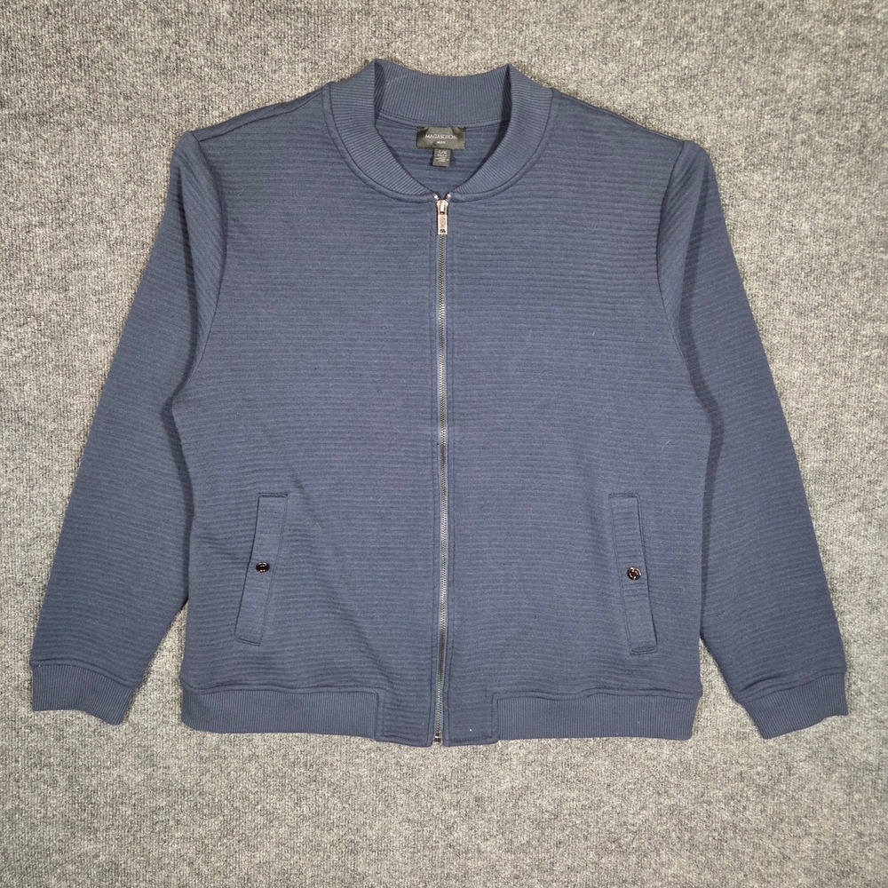 Magaschoni Man Bomber Jacket Mens Large Blue Ribbed Full Zip Lightweight Sweater